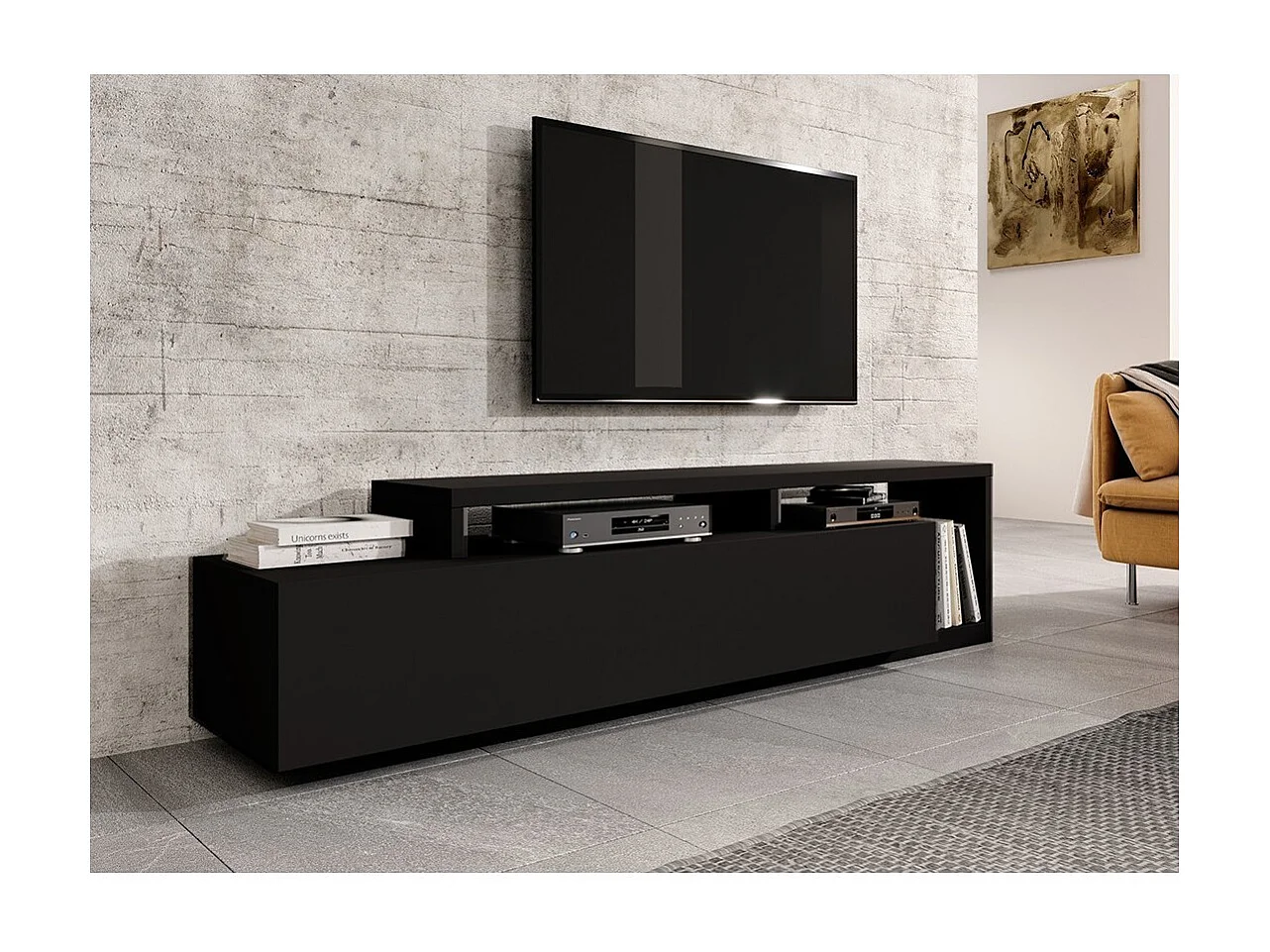 Meuble TV 220cm collection BERGAME. Coloris noir super mat.