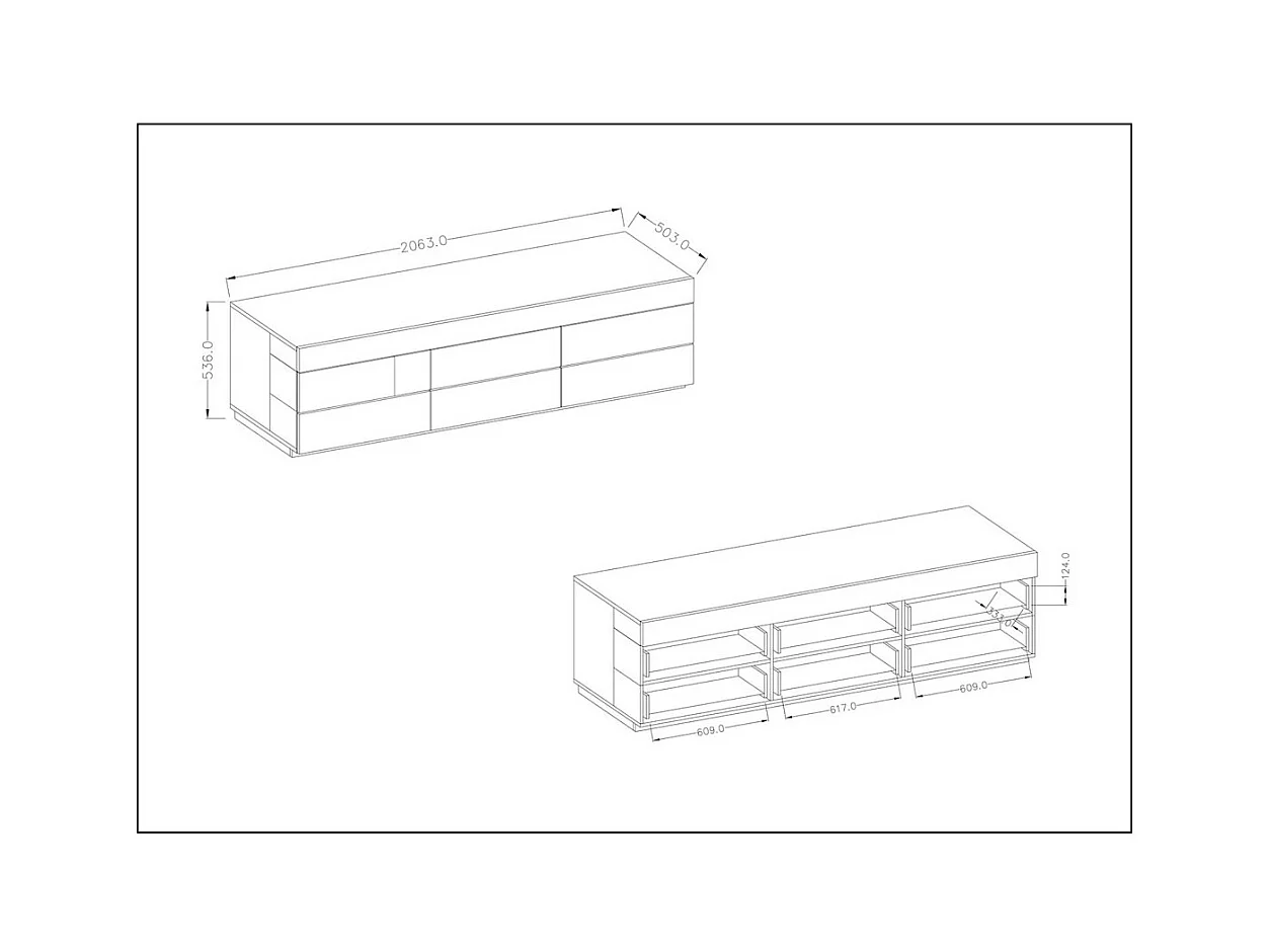 Mueble para TV de 200 cm KILES con 6 cajones grandes - Dimensiones 206.3 x 53.6 x 50.3 cm