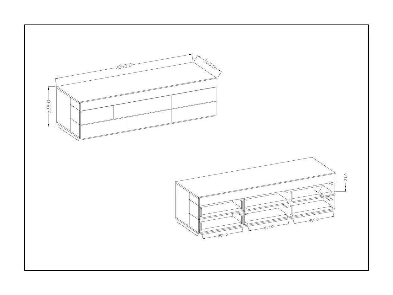 Meuble TV 200 cm KILES avec 6 grands tiroirs - Dimensions 206.3 x 53.6 x 50.3 cm