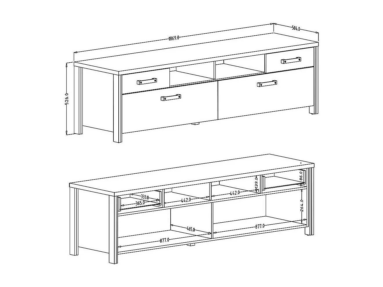 Meuble TV 190cm collection WINDSOR. Coloris chêne foncé et gris anthracite.