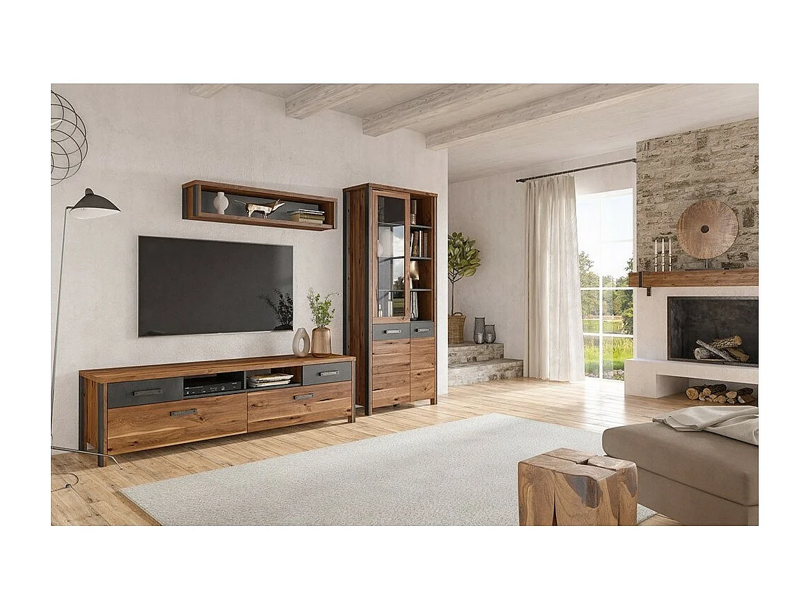 Meuble TV 190cm collection WINDSOR. Coloris chêne foncé et gris anthracite.