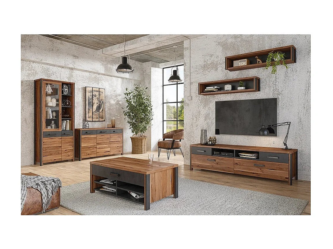 Meuble TV 190cm collection WINDSOR. Coloris chêne foncé et gris anthracite.