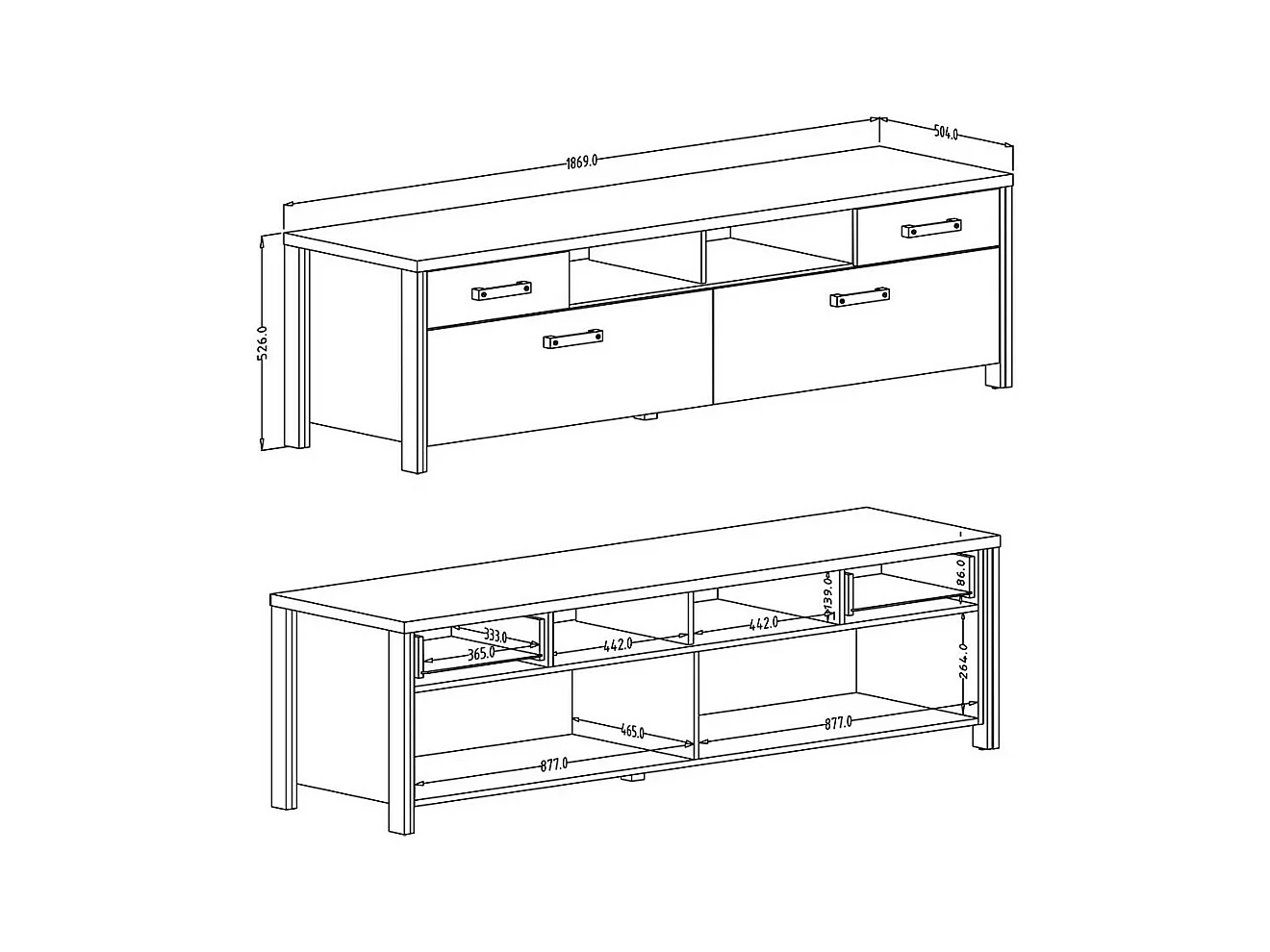 TV-meubel WINDSOR antracietgrijs en donker eiken - 190 cm - 2 deuren, 2 laden, 2 vakken - 187 x 52,6 x 50,4 cm