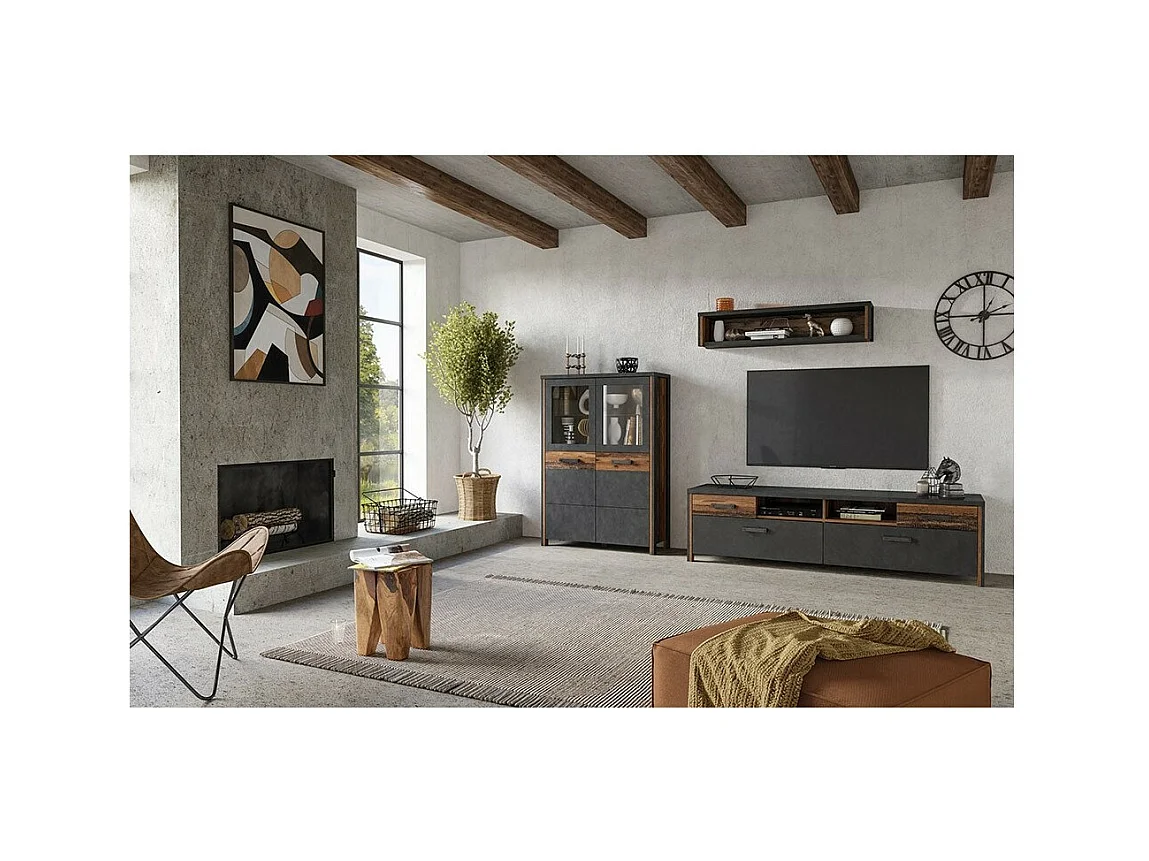 TV-meubel WINDSOR antracietgrijs en donker eiken - 190 cm - 2 deuren, 2 laden, 2 vakken - 187 x 52,6 x 50,4 cm