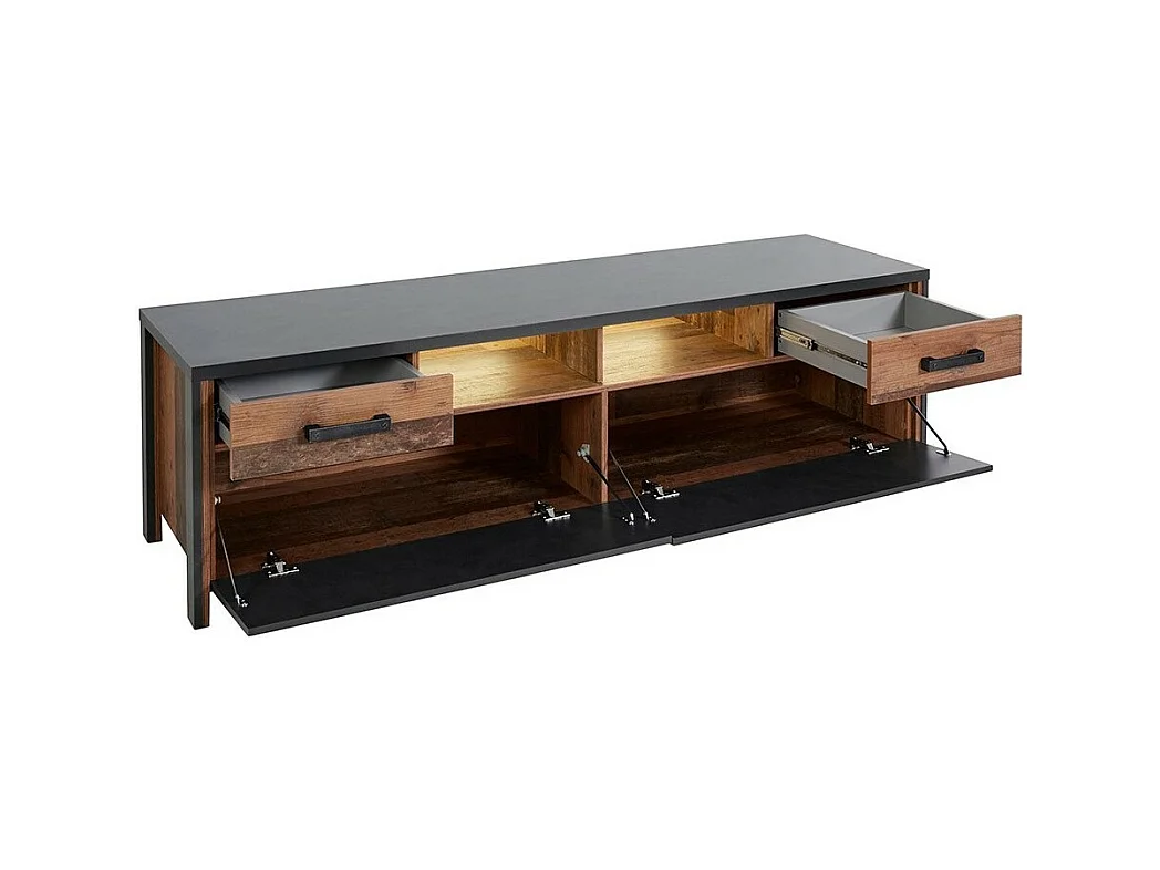 TV-meubel WINDSOR antracietgrijs en donker eiken - 190 cm - 2 deuren, 2 laden, 2 vakken - 187 x 52,6 x 50,4 cm