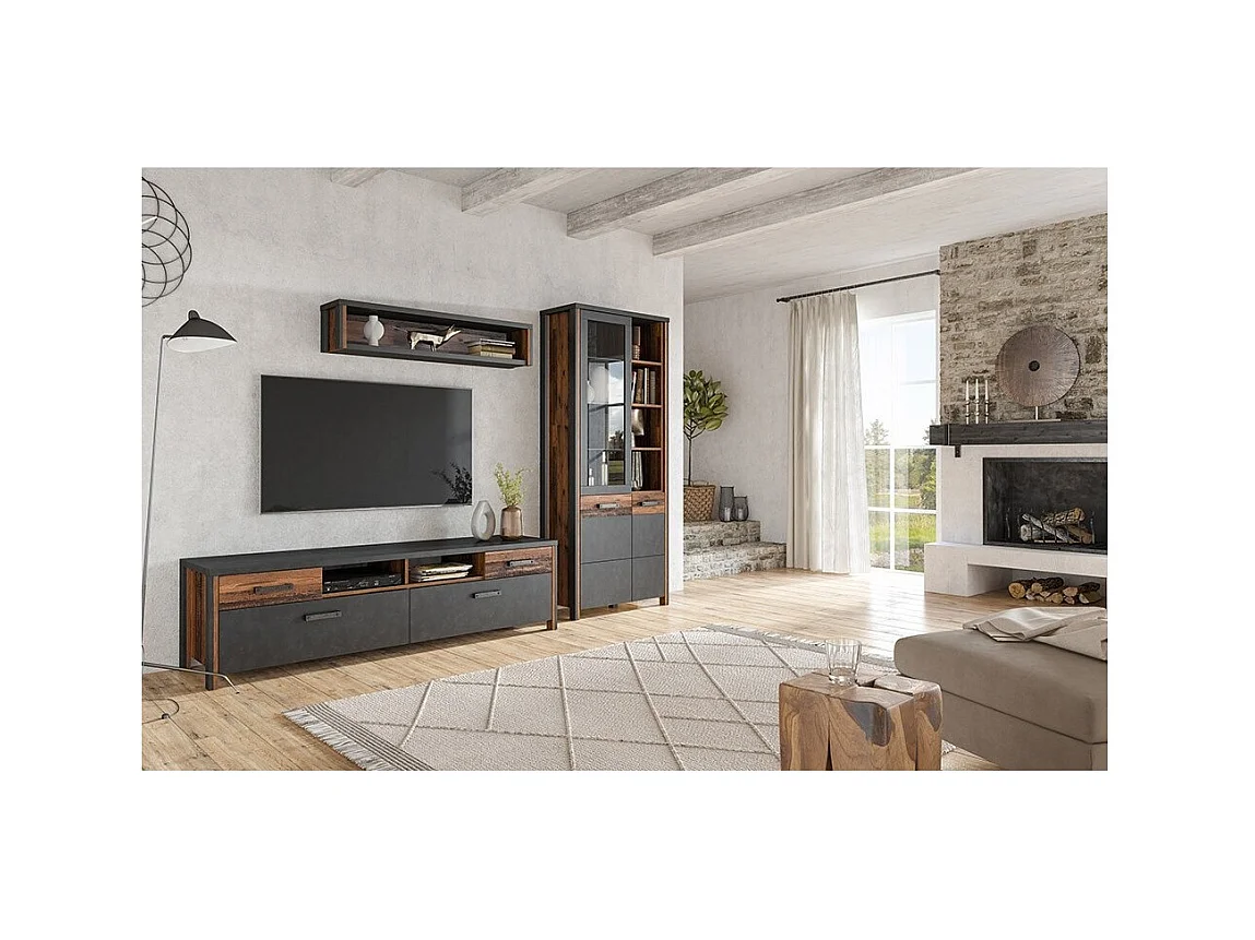 TV-meubel WINDSOR antracietgrijs en donker eiken - 190 cm - 2 deuren, 2 laden, 2 vakken - 187 x 52,6 x 50,4 cm