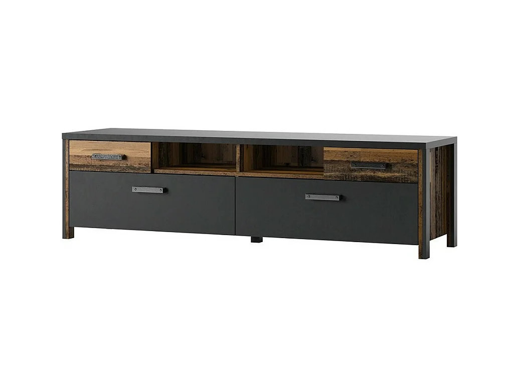 Meuble TV WINDSOR gris anthracite et chêne foncé - 190 cm - 2 portes, 2 tiroirs, 2 niches - 187 x 52.6 x 50.4 cm