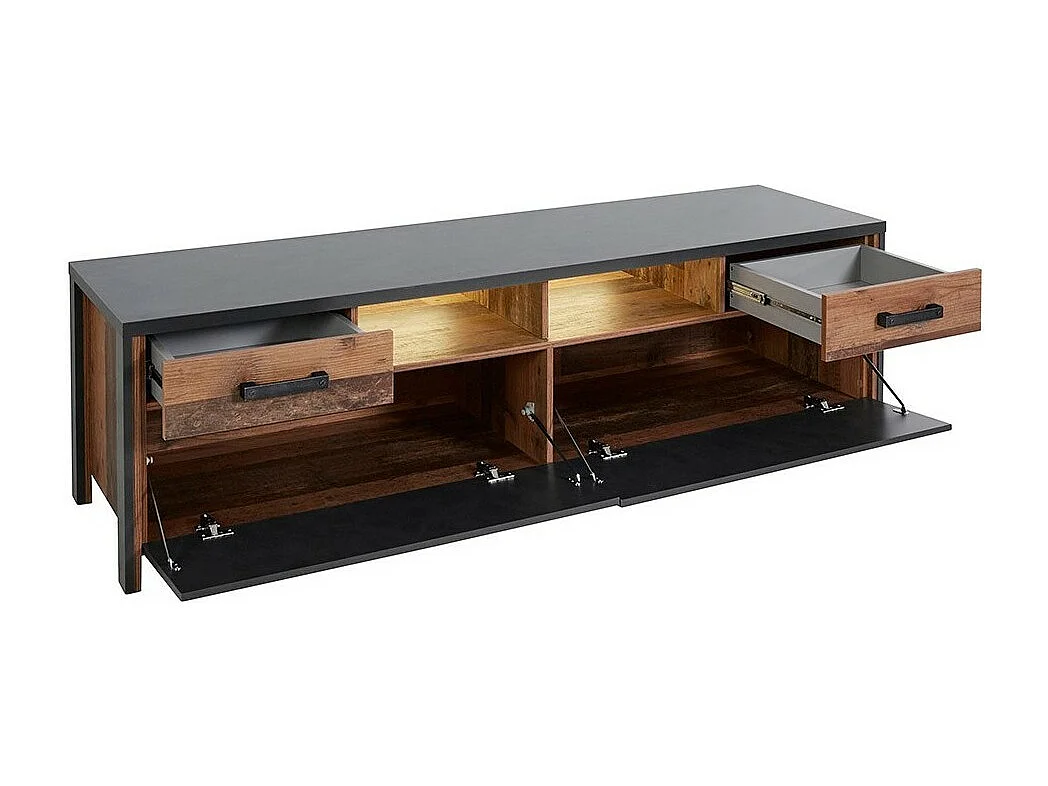 Meuble TV WINDSOR gris anthracite et chêne foncé - 190 cm - 2 portes, 2 tiroirs, 2 niches - 187 x 52.6 x 50.4 cm