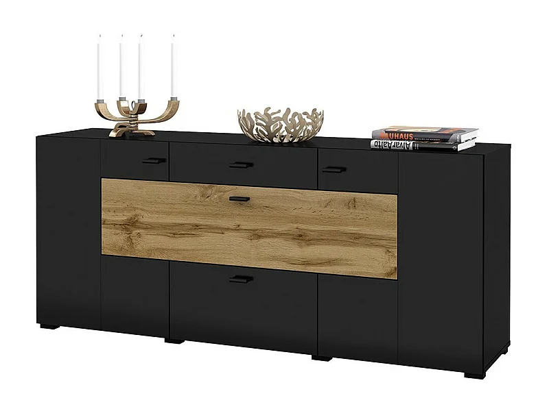 Buffet 165cm colección KOBEE con 3 puertas y 2 cajones. Color negro y roble.