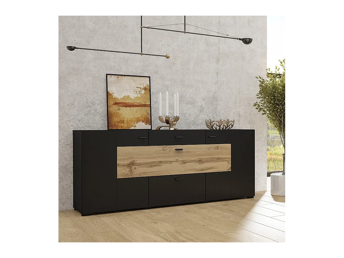 Buffet 165cm coleção KOBEE com 3 portas e 2 gavetas. Cor preta e carvalho.