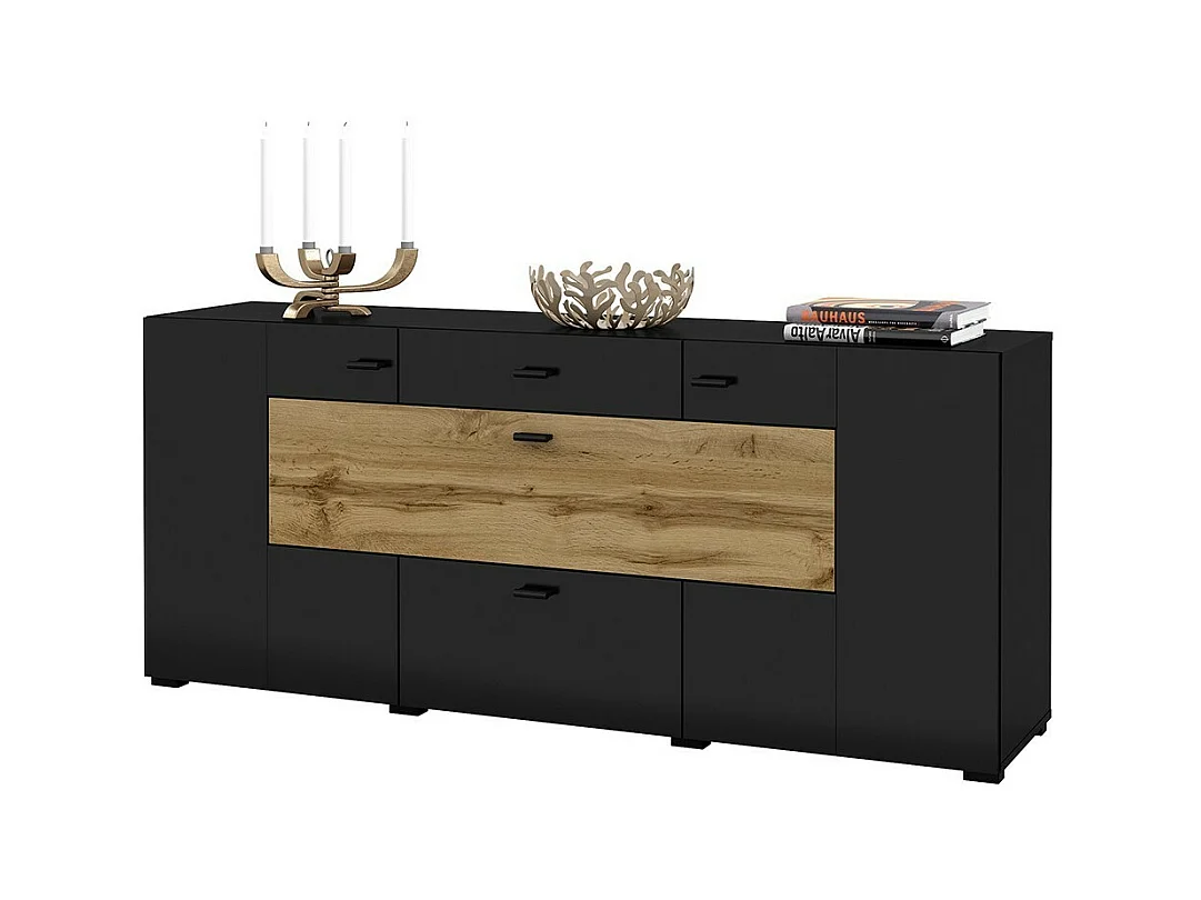 Buffet 165cm collection KOBEE 3 portes et 2 tiroirs. Couleur noir et chêne.