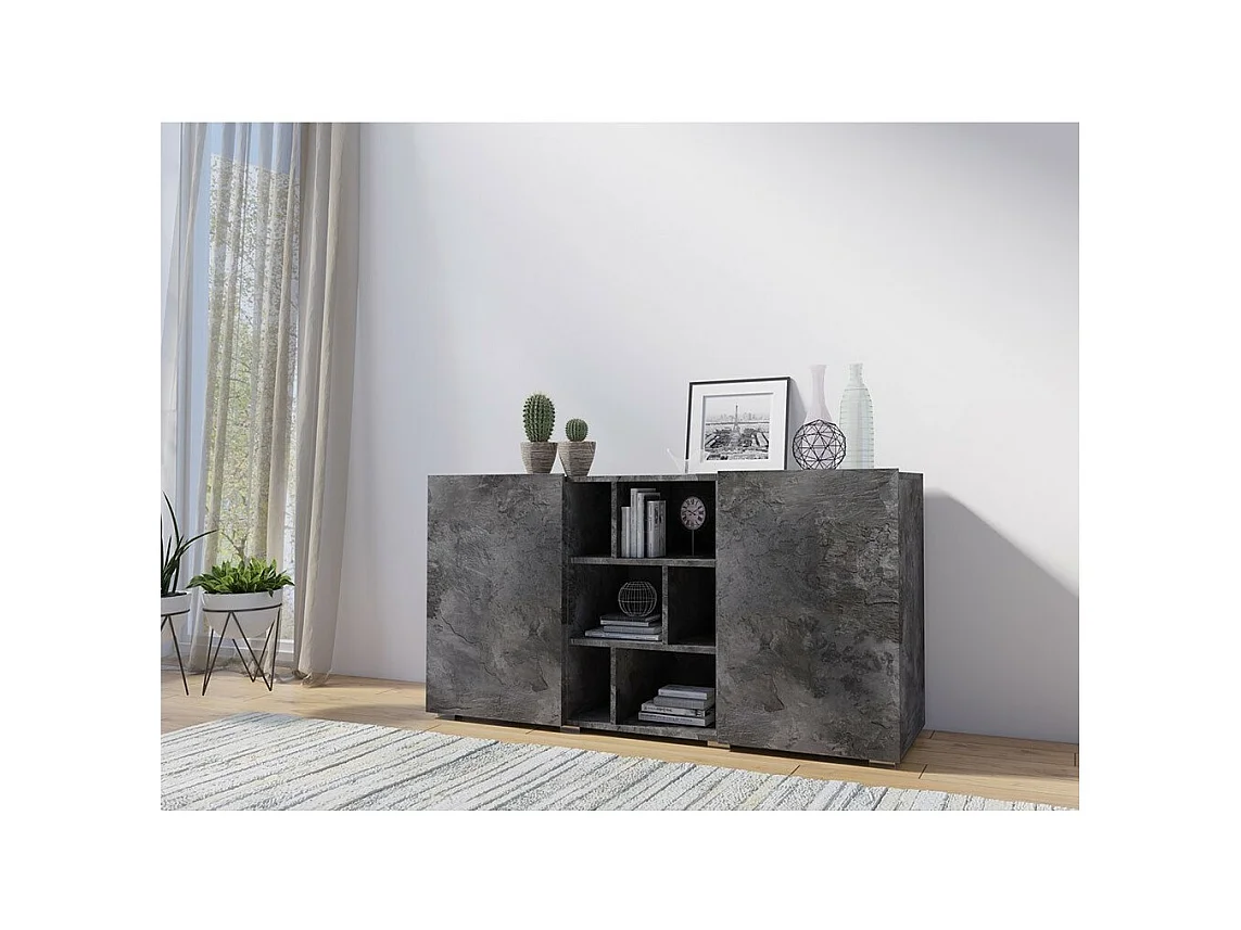 Buffet NARVA 130 cm effetto ardesia - 2 porte e 6 nicchie - 132.4 x 68.1 x 39.5 cm