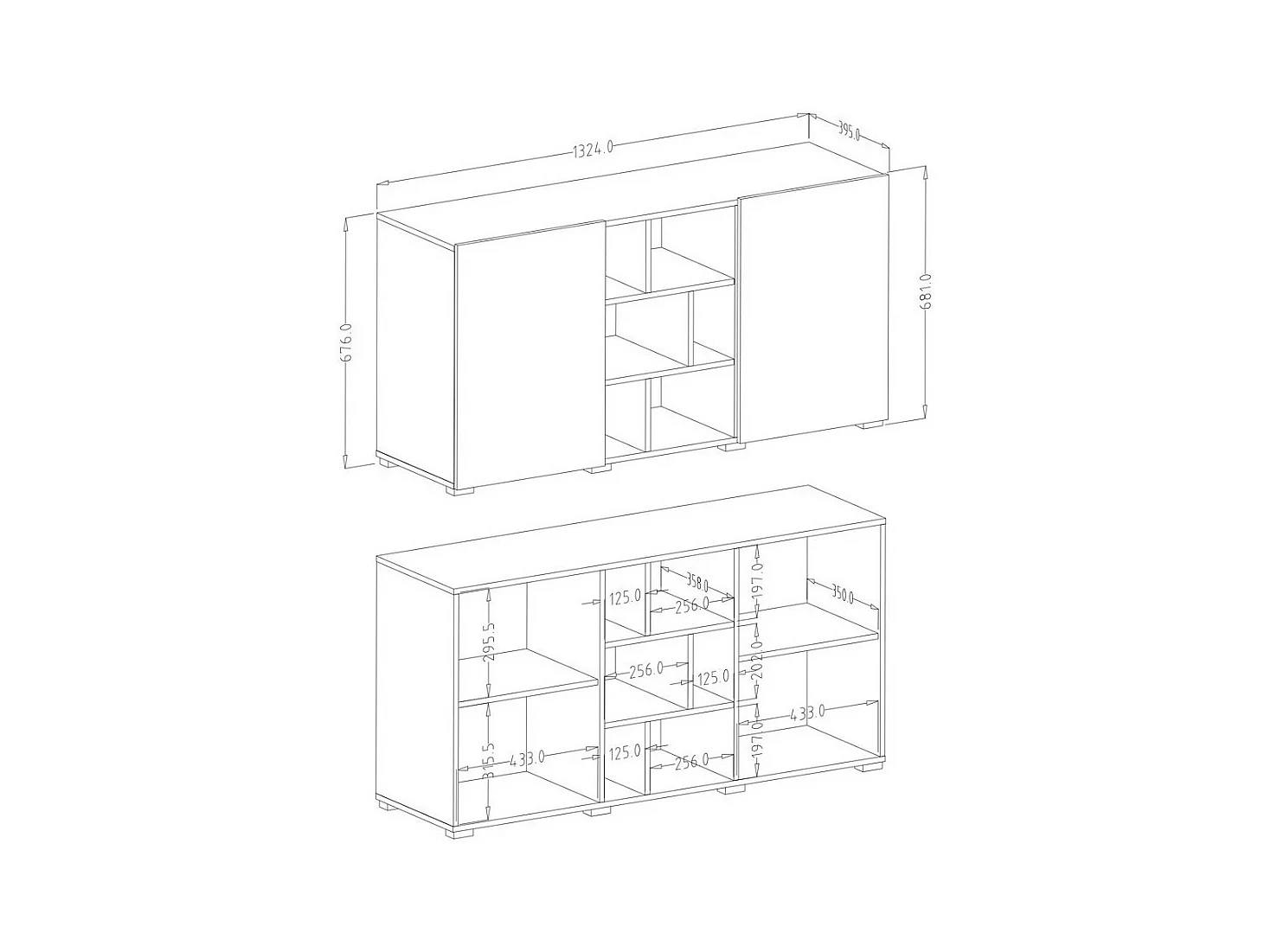 Buffet NARVA 130 cm effetto ardesia - 2 porte e 6 nicchie - 132.4 x 68.1 x 39.5 cm