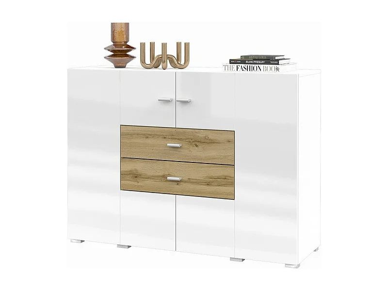 Kleines Buffet 120cm aus der KOBEE Kollektion mit 2 Türen und 2 Schubladen. Farbe Weiß und Eiche.