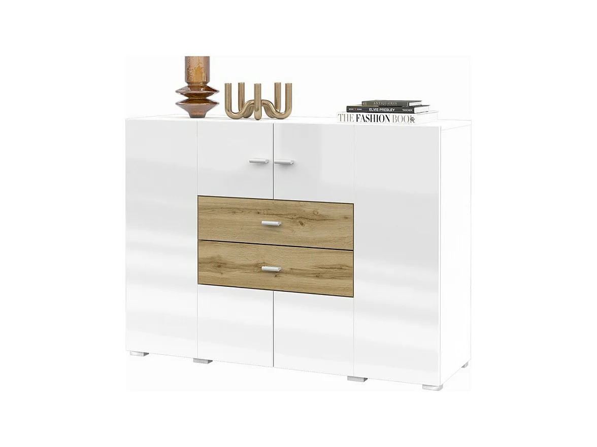 Buffet pequeno modelo 120cm coleção KOBEE com 2 portas e 2 gavetas. Cor branco e carvalho.