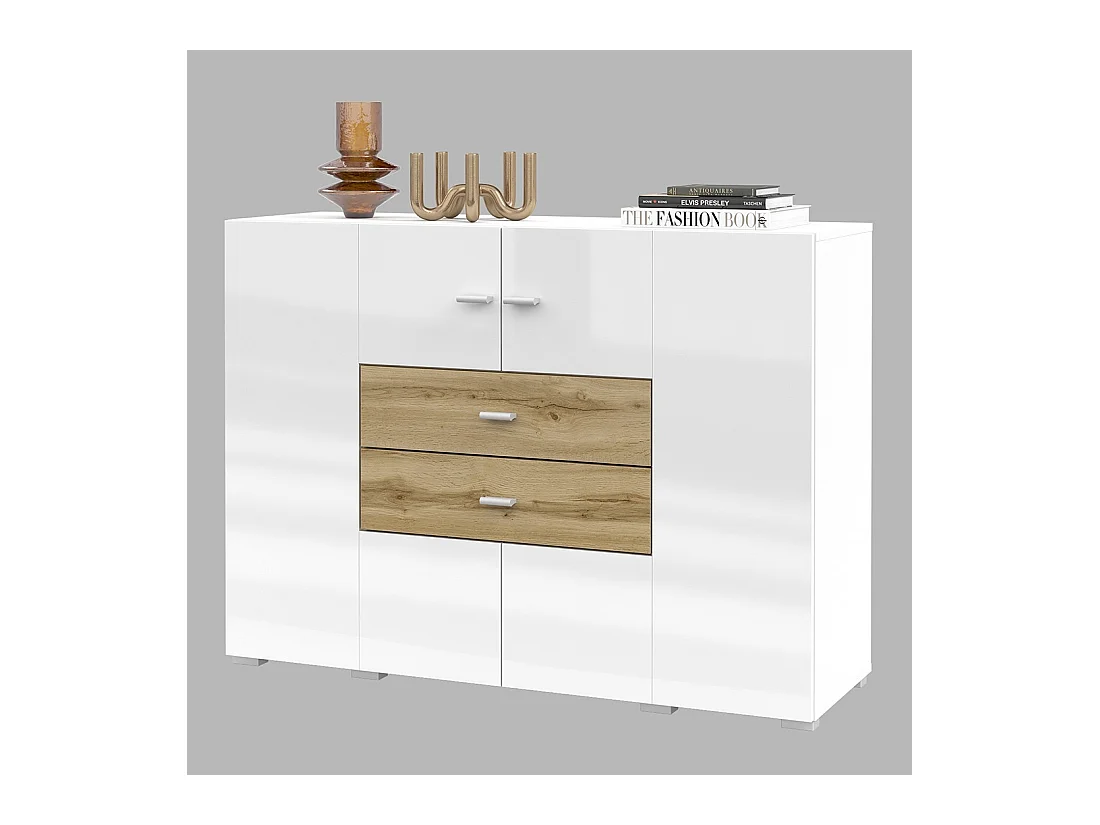 Buffet pequeno modelo 120cm coleção KOBEE com 2 portas e 2 gavetas. Cor branco e carvalho.