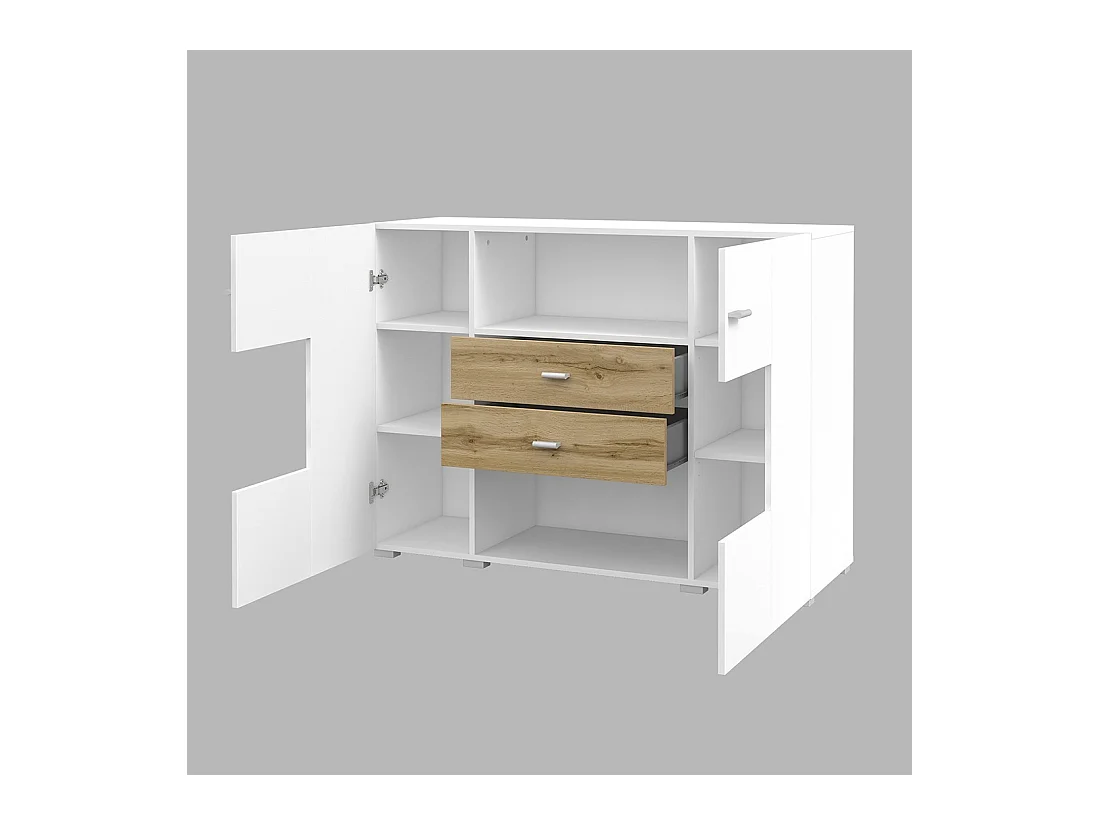 Buffet pequeno modelo 120cm coleção KOBEE com 2 portas e 2 gavetas. Cor branco e carvalho.