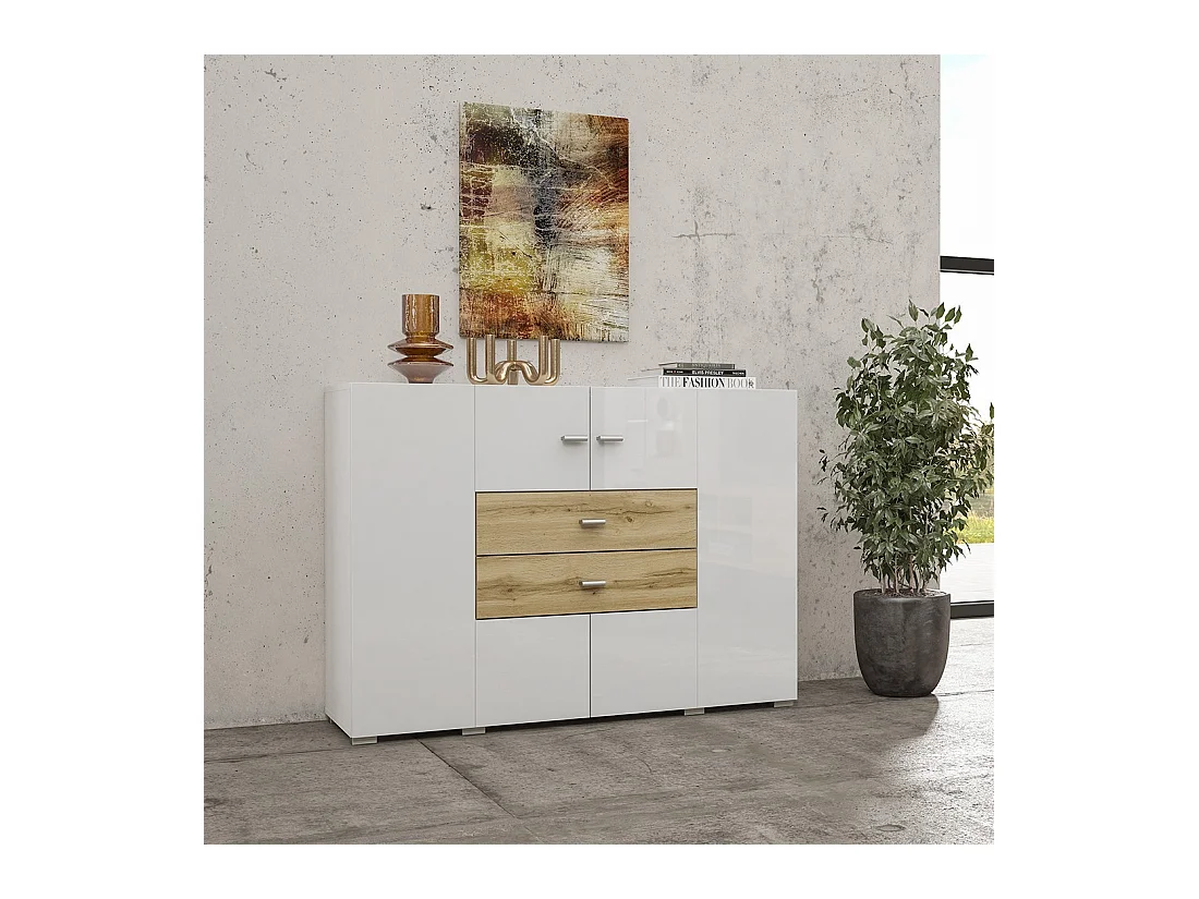Buffet pequeno modelo 120cm coleção KOBEE com 2 portas e 2 gavetas. Cor branco e carvalho.