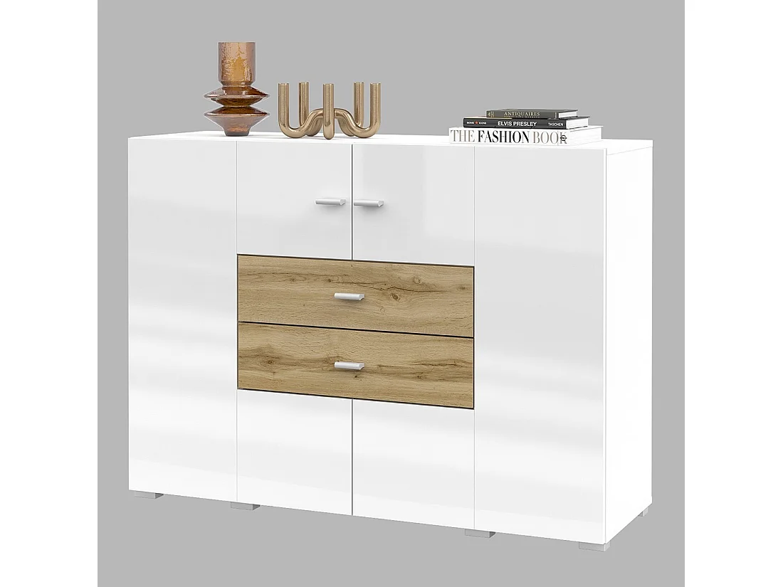 Buffet klein model 120cm collectie KOBEE met 2 deuren en 2 laden. Kleur wit en eiken.