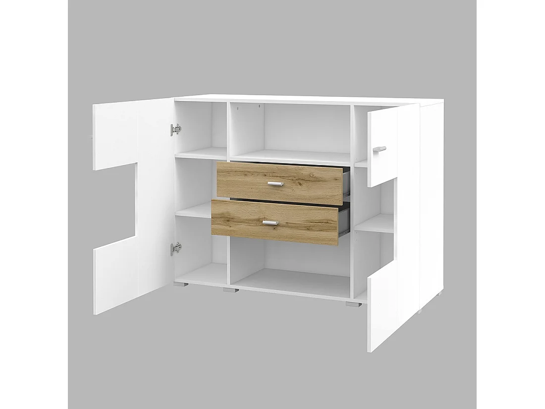 Buffet klein model 120cm collectie KOBEE met 2 deuren en 2 laden. Kleur wit en eiken.