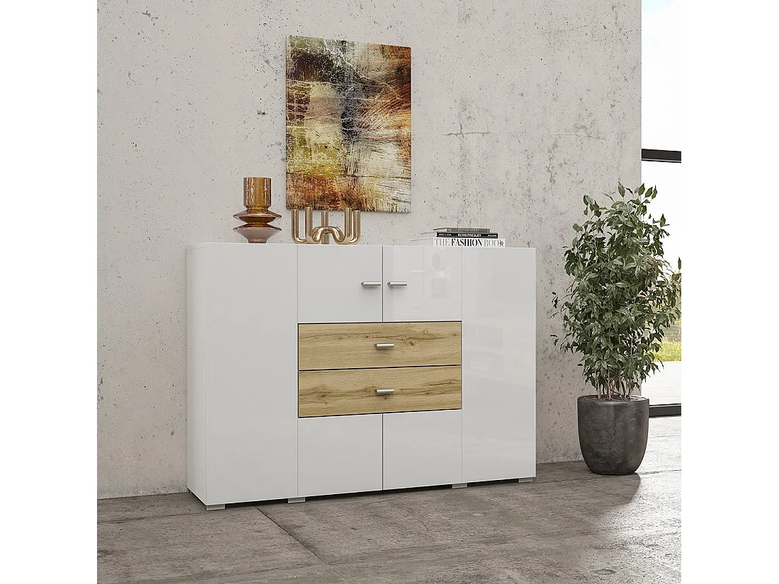 Buffet klein model 120cm collectie KOBEE met 2 deuren en 2 laden. Kleur wit en eiken.