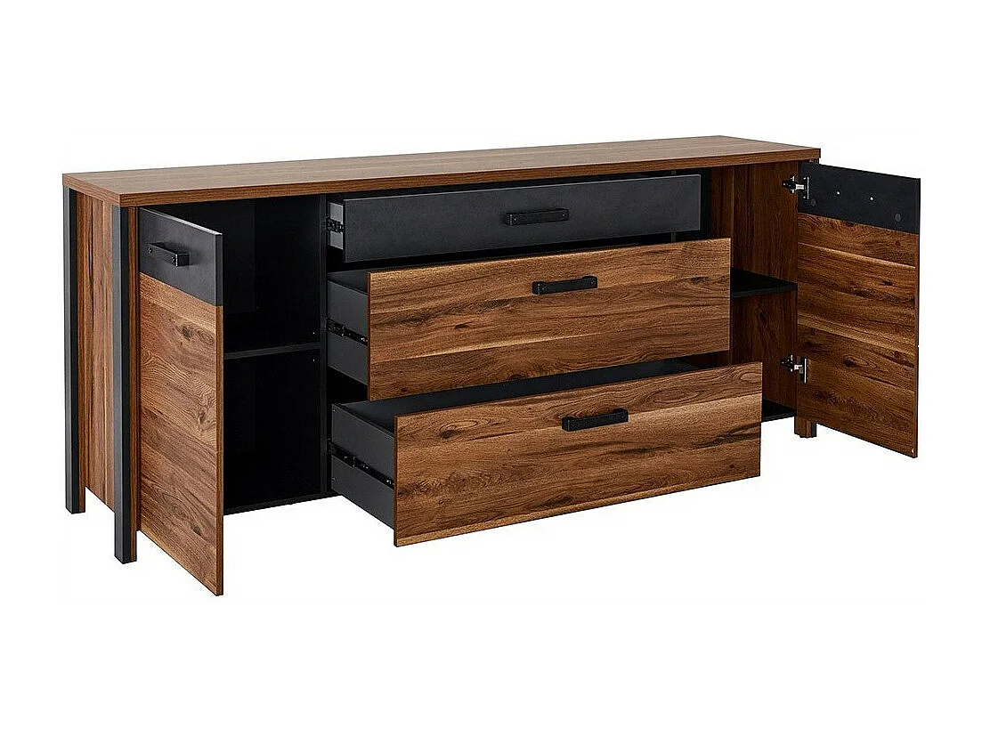 Buffet 200 cm collection WINDSOR – Coloris chêne foncé et gris anthracite, dimensions 197x81x44 cm