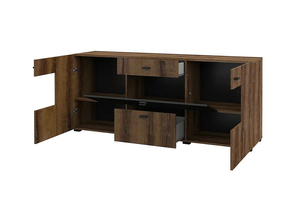 Buffet 165cm Kollektion KOBEE mit 3 Türen und 2 Schubladen. Farbe dunkle Eiche und Schwarz.