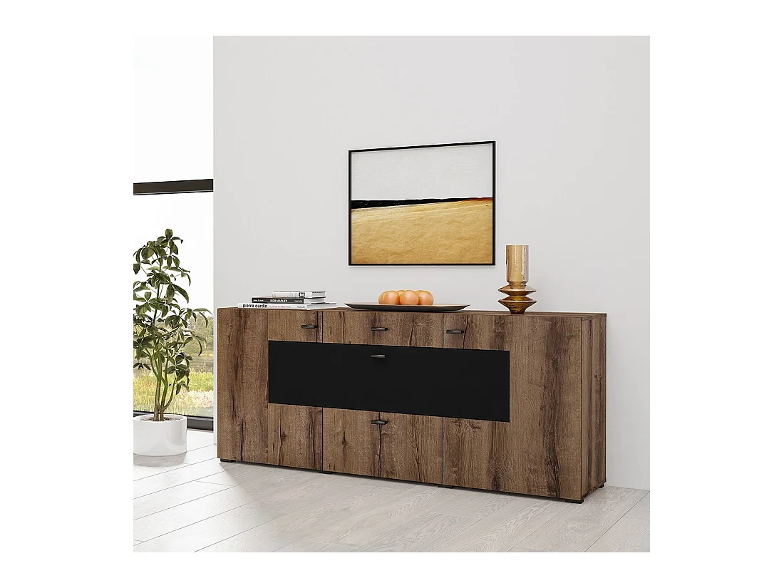 Buffet 165cm Kollektion KOBEE mit 3 Türen und 2 Schubladen. Farbe dunkle Eiche und Schwarz.