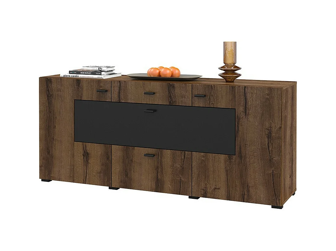 Buffet 165cm collectie KOBEE met 3 deuren en 2 laden. Kleur donkere eik en zwart.