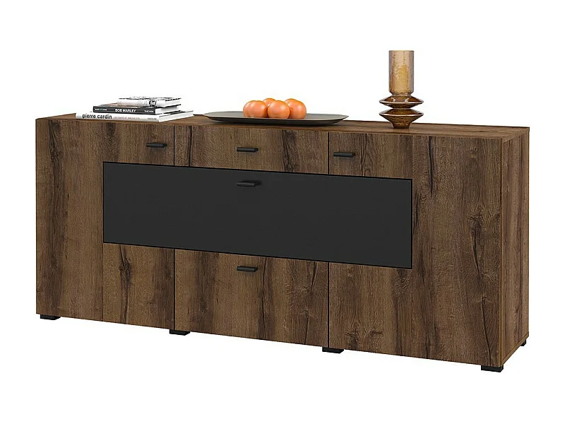 Buffet 165cm collectie KOBEE met 3 deuren en 2 laden. Kleur donkere eik en zwart.