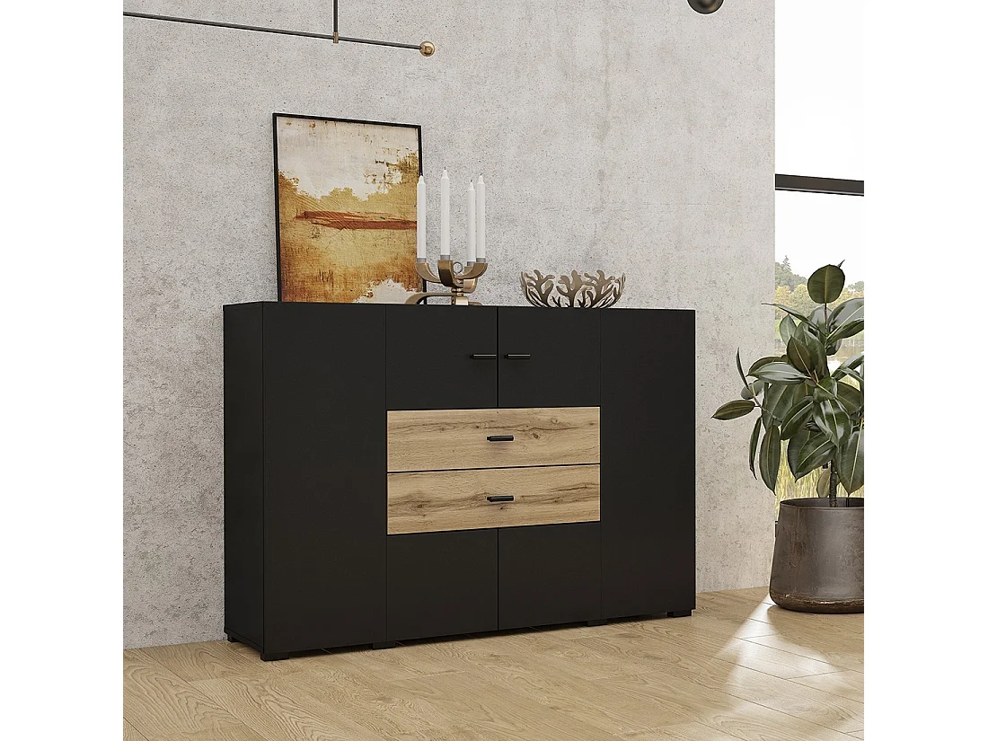 Buffet petit modèle 120cm collection KOBEE 2 portes et 2 tiroirs. Couleur noiret chêne.