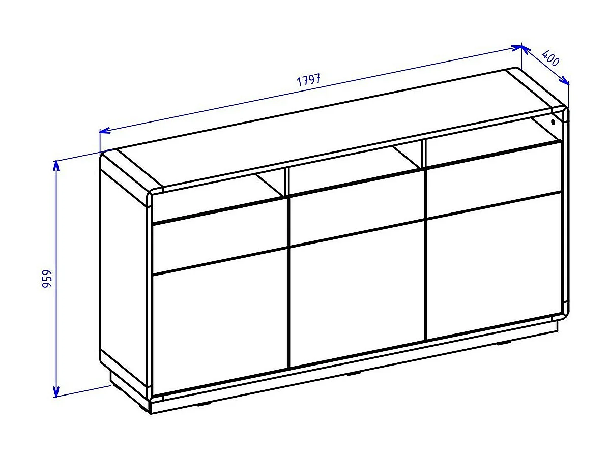 Buffet 180cm collectie VILLA. Kleur eiken en zwart. Geïntegreerde LED-verlichting.
