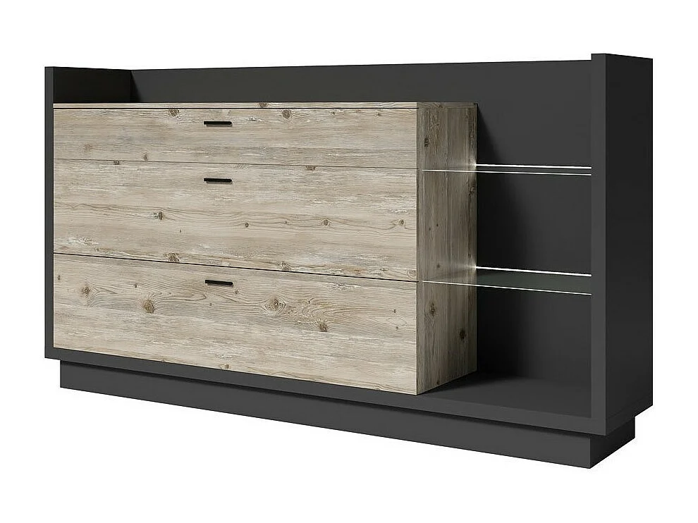 Credenza CORK colore grigio antracite - 3 cassetti, scaffali con LED