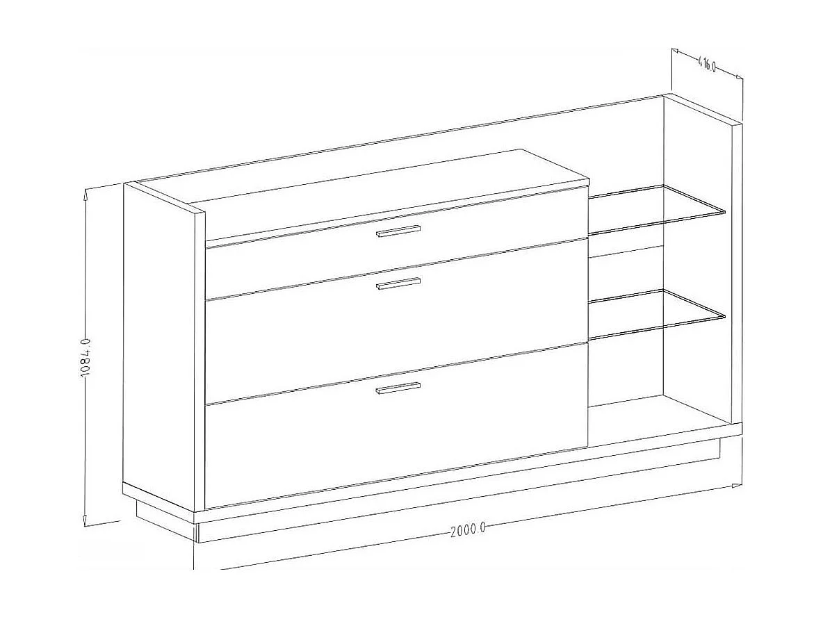 Credenza CORK colore grigio antracite - 3 cassetti, scaffali con LED