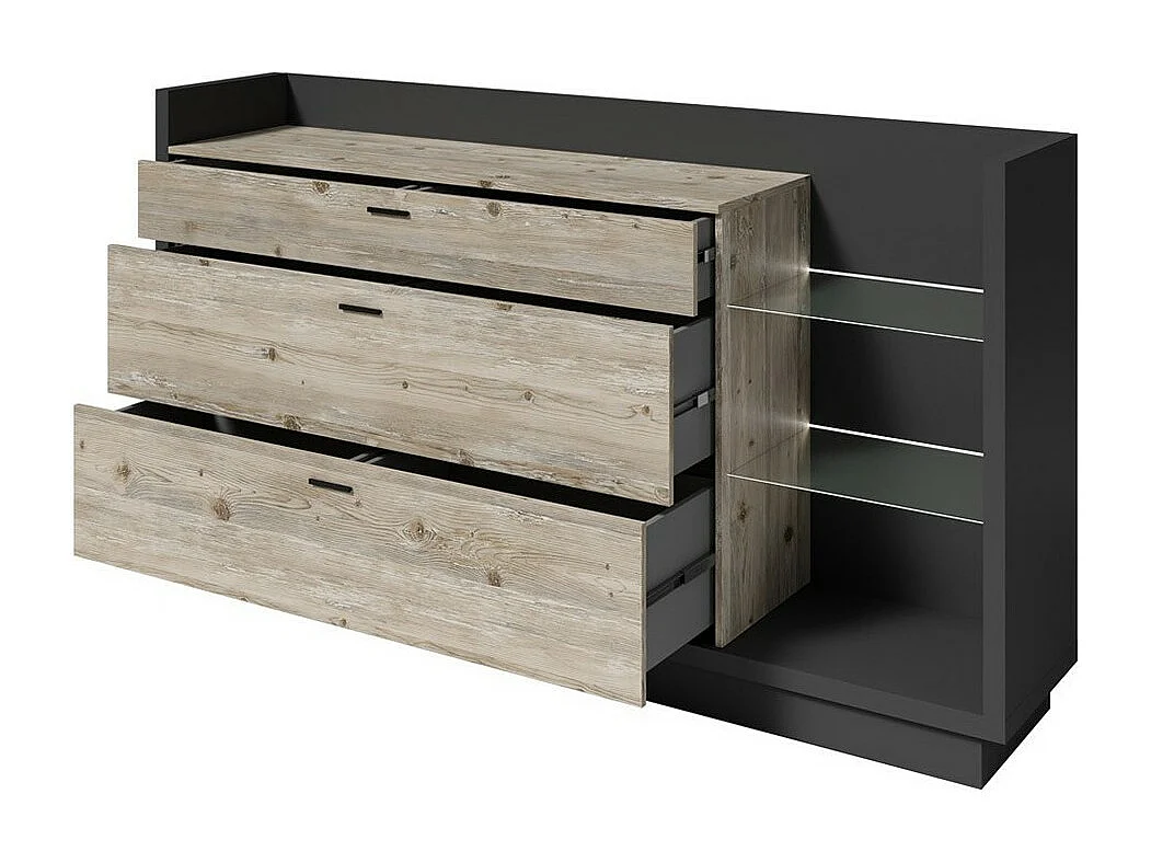 Credenza CORK colore grigio antracite - 3 cassetti, scaffali con LED