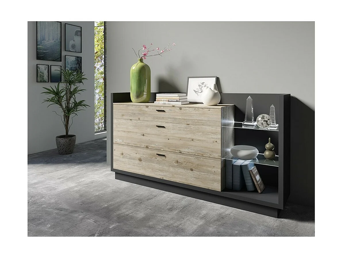 Credenza CORK colore grigio antracite - 3 cassetti, scaffali con LED