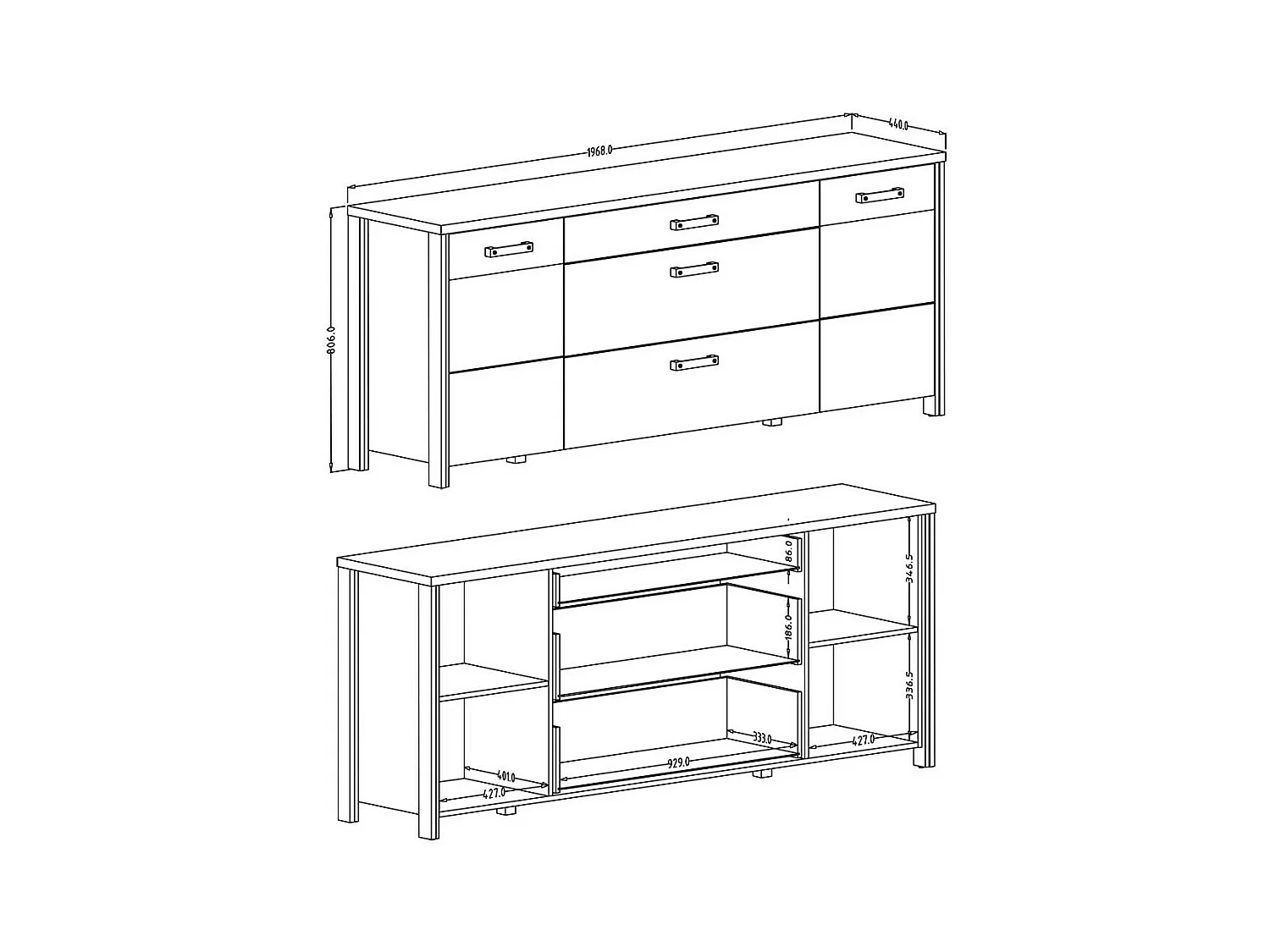 Sideboard WINDSOR anthrazitgrau und dunkle Eiche - 3 Schubladen und 2 Türen - 196,8 x 80,6 x 44 cm