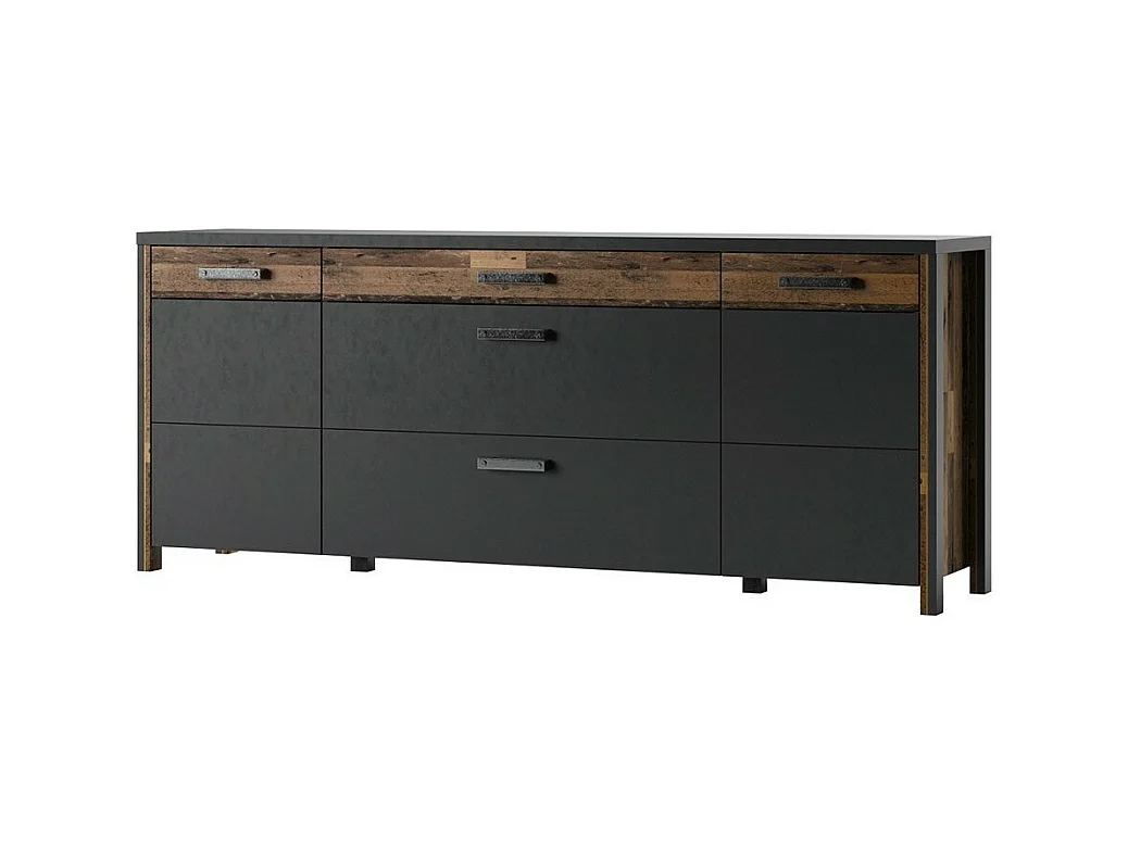 Buffet WINDSOR gris anthracite et chêne foncé - 3 tiroirs et 2 portes - 196.8 x 80.6 x 44 cm