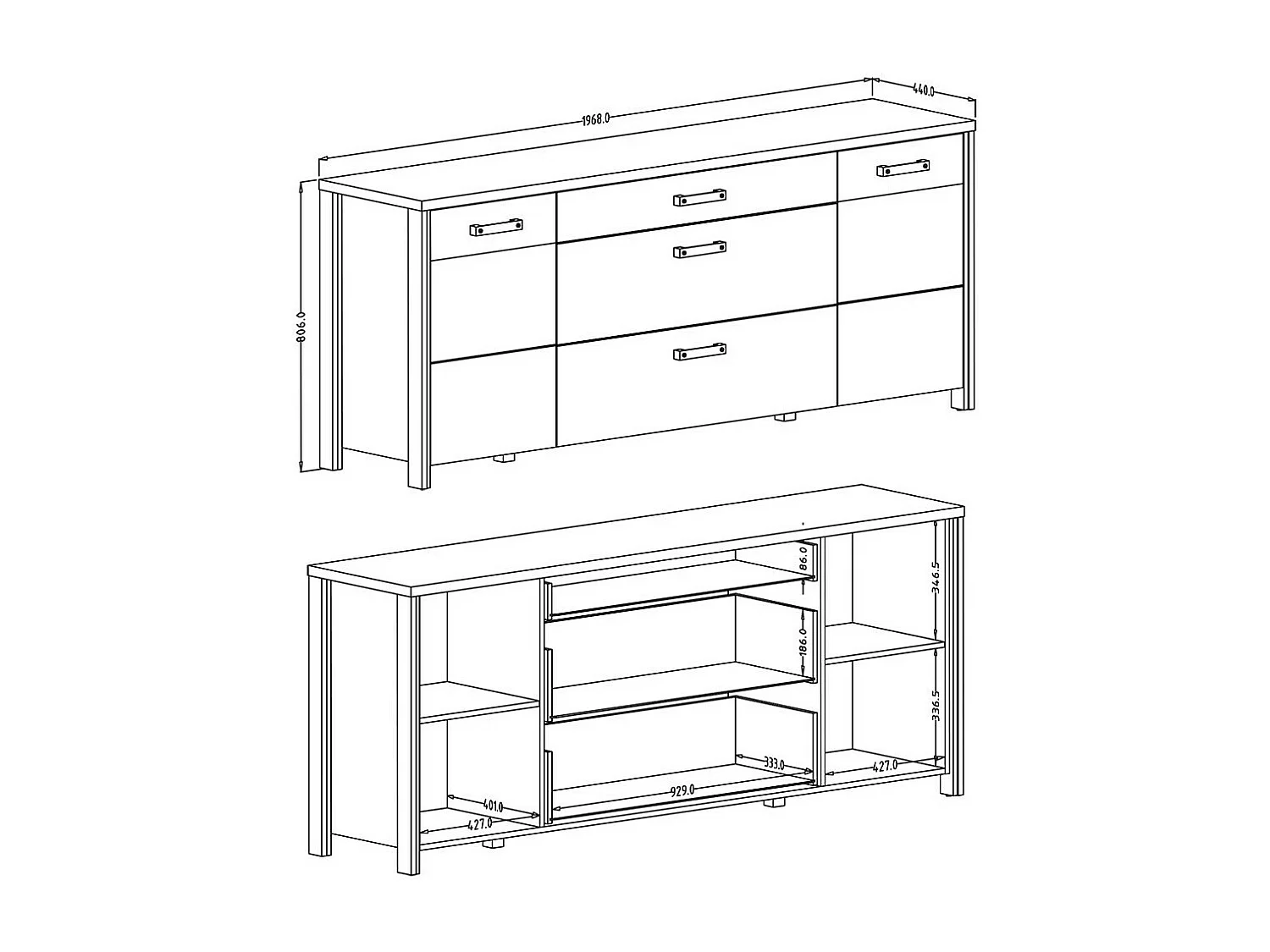 Buffet WINDSOR gris antracita y roble oscuro - 3 cajones y 2 puertas - 196.8 x 80.6 x 44 cm