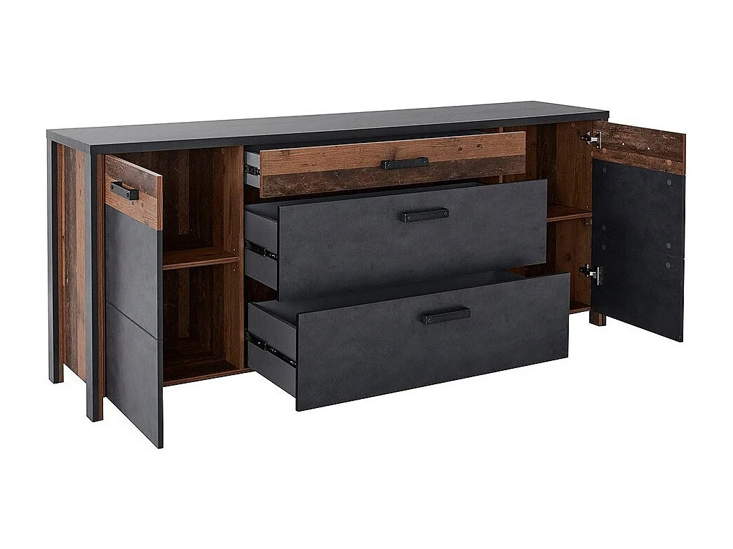 Buffet WINDSOR gris antracita y roble oscuro - 3 cajones y 2 puertas - 196.8 x 80.6 x 44 cm