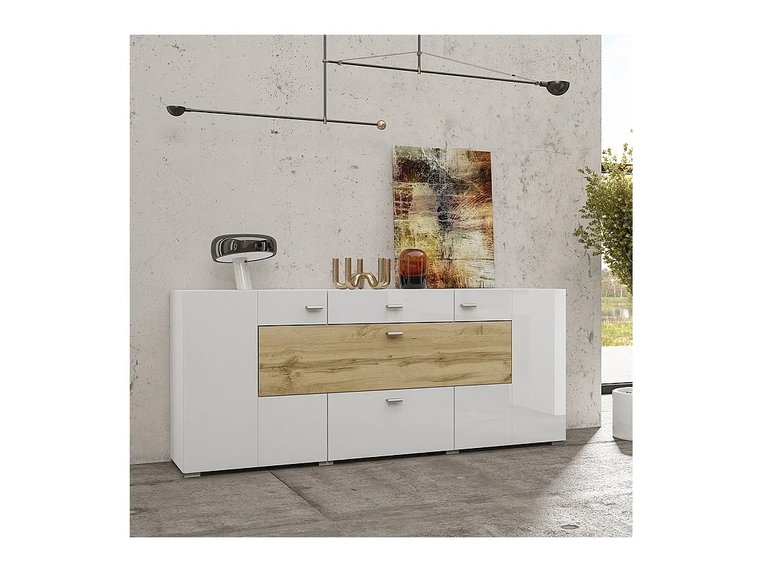 Buffet 165cm coleção KOBEE com 3 portas e 2 gavetas. Cor branca e carvalho.