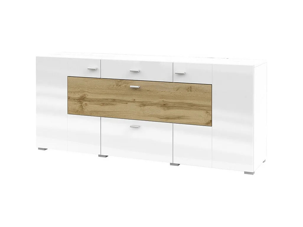 Buffet 165cm collection KOBEE 3 portes et 2 tiroirs. Couleur blanc et chêne.