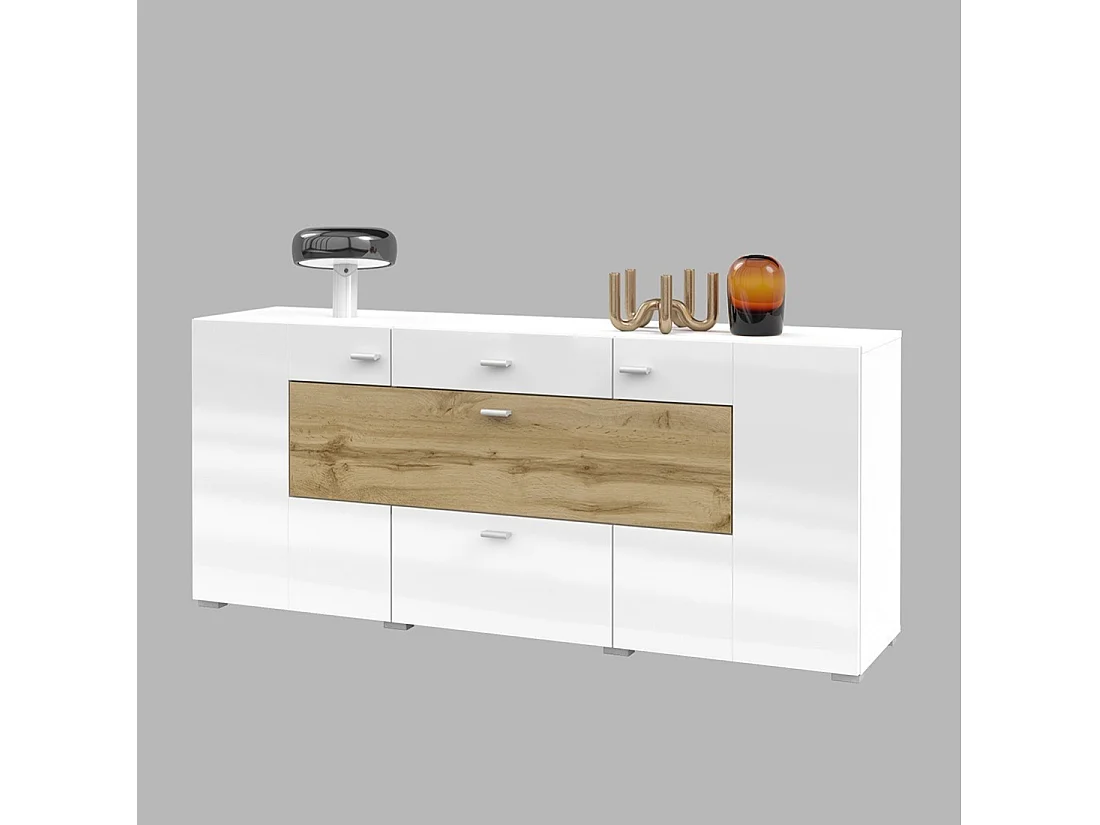 Buffet 165cm coleção KOBEE com 3 portas e 2 gavetas. Cor branca e carvalho.