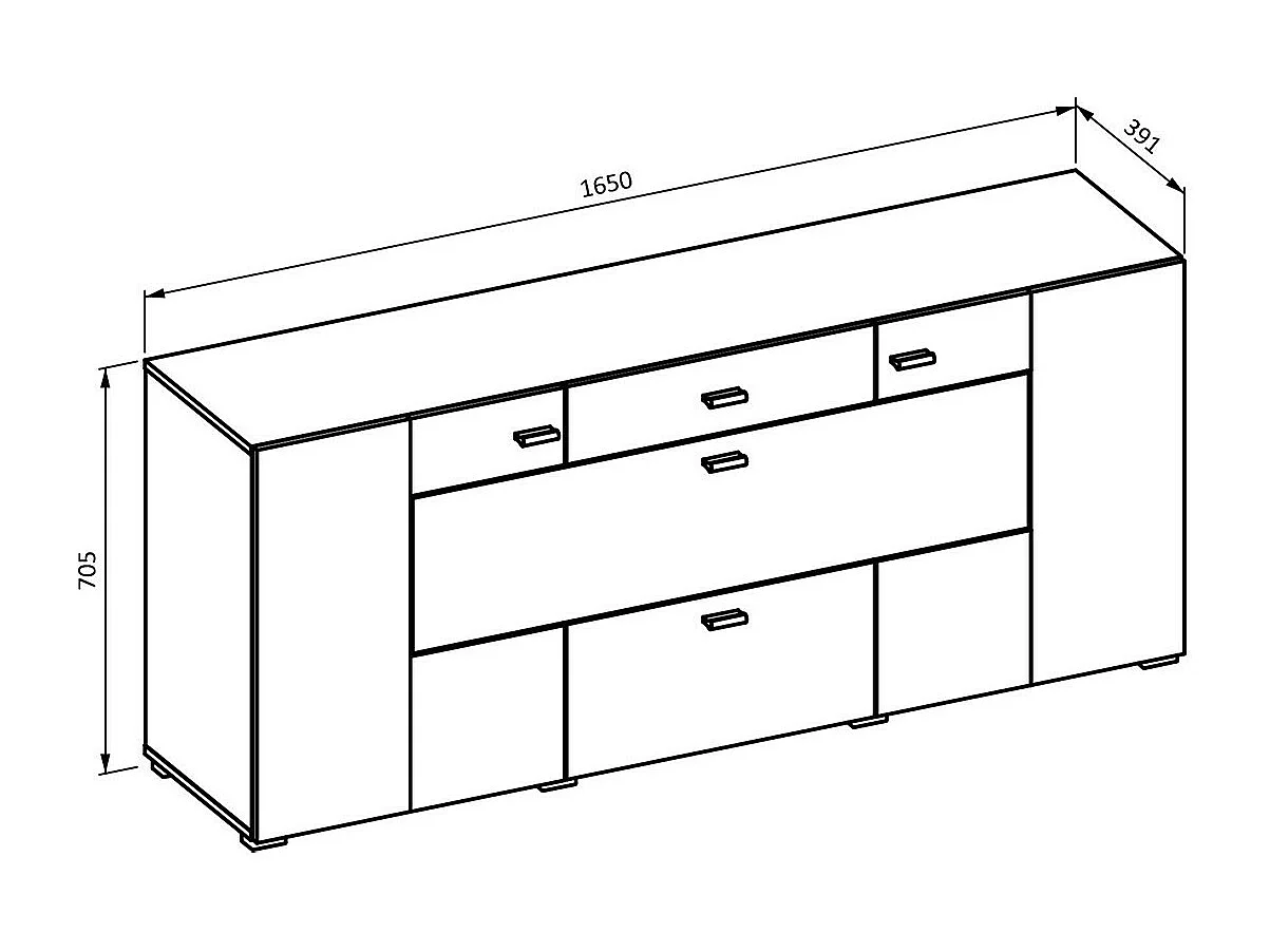 Buffet 165cm coleção KOBEE com 3 portas e 2 gavetas. Cor branca e carvalho.