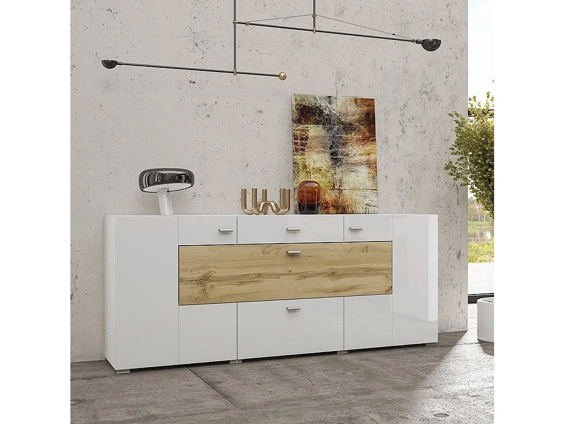 Buffet 165cm coleção KOBEE com 3 portas e 2 gavetas. Cor branca e carvalho.