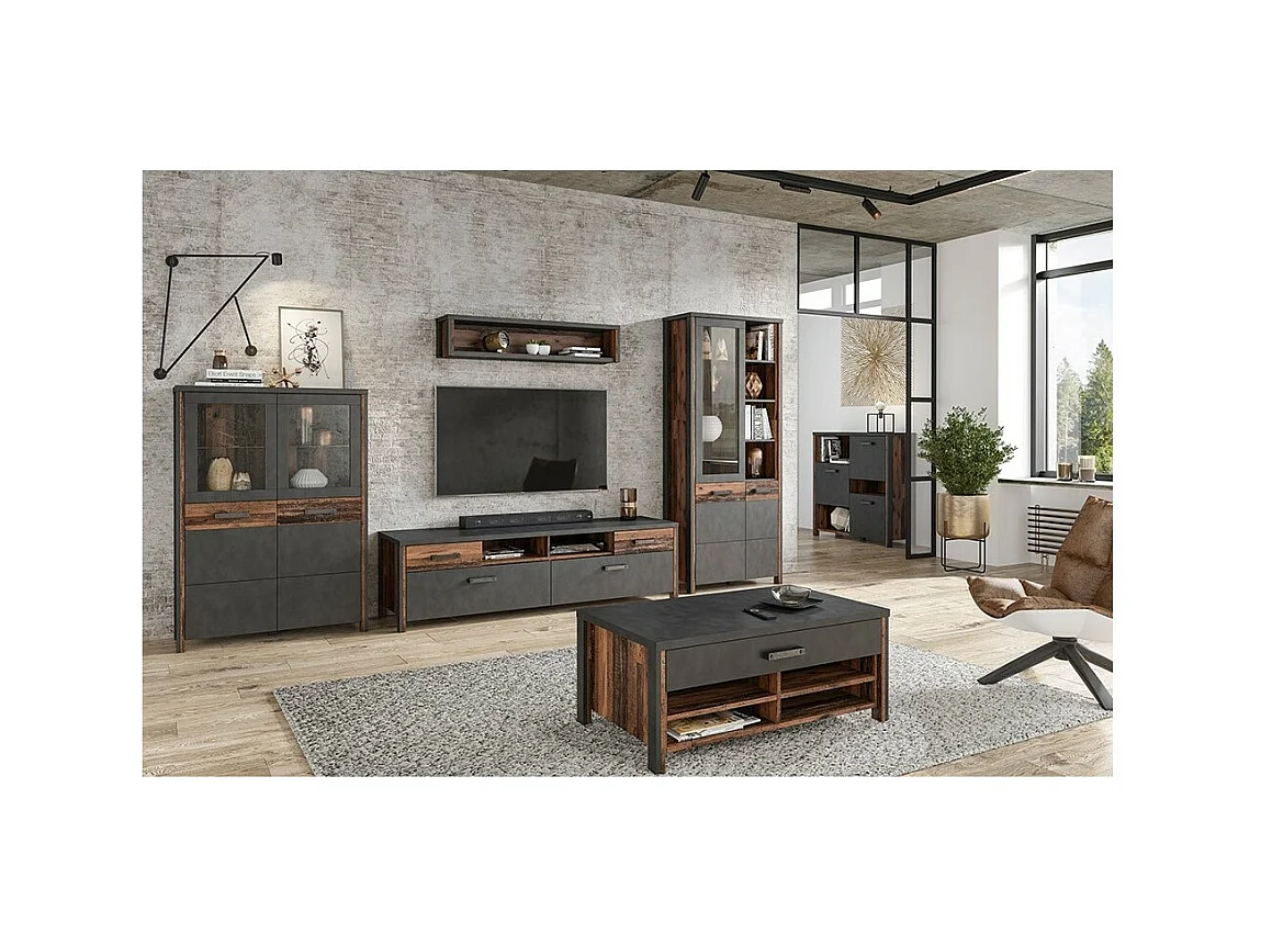 Buffet haut collection WINDSOR. Coloris gris anthracite et chêne foncé.