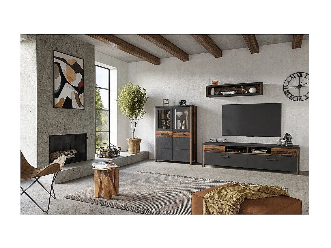 Hoge buffetkast collectie WINDRESSOR. Kleur donkergrijs en donkereiken.