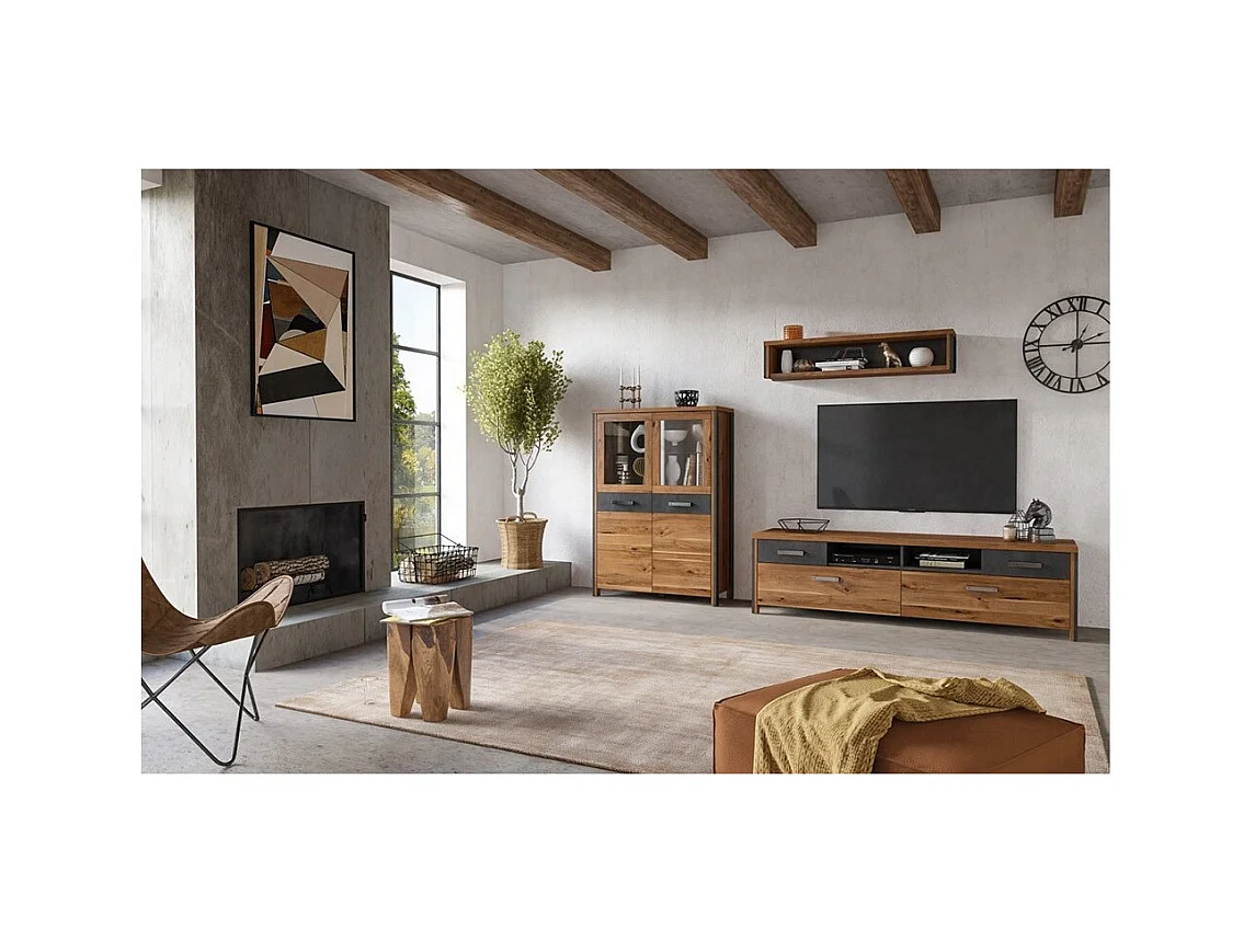 Hoher Schrank WINDSOR in dunkler Eiche und anthrazitgrau - 2 große Türen - 97 x 138 x 37 cm