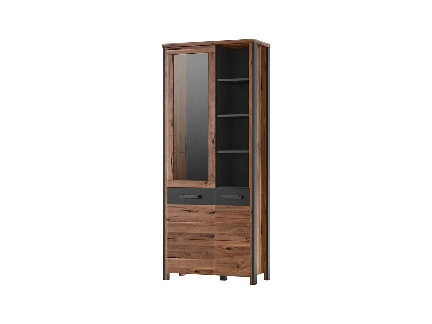 Vitrinenschrank WINDSOR. Farbe dunkles Eichenholz und anthrazitgrau.