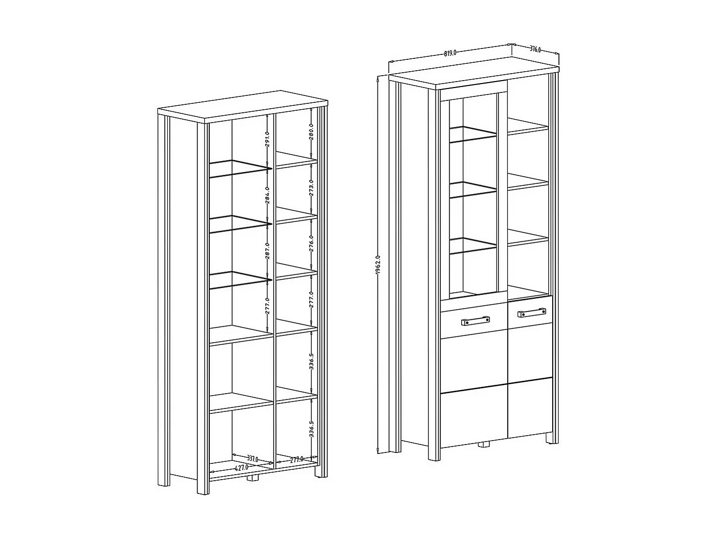 Vitrine collectie WINDSOR. Kleur donkere eik en antracietgrijs.